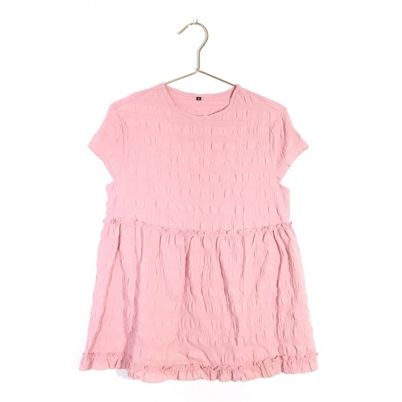 Pink Frilly Ruched Short Sleeve Babydoll Shirt M - Picture 1 of 6